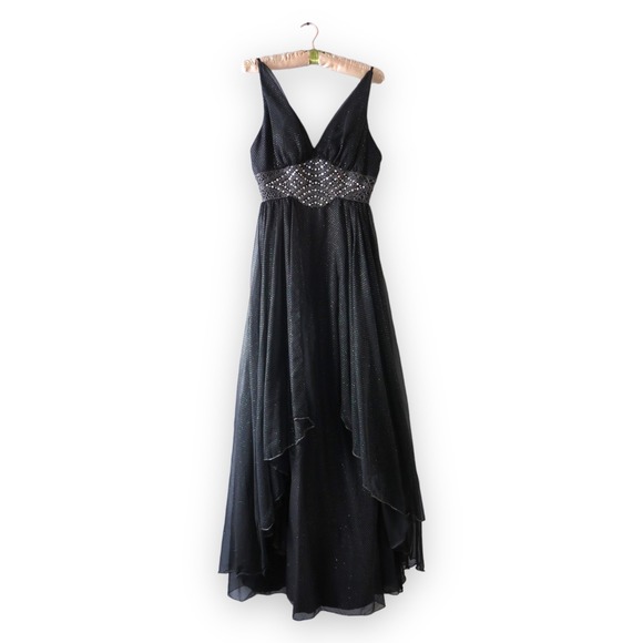 80s Black Wedding Gown S/M | Sheer Chiffon Beaded Rainbow Crystal Evening Dress‎ - Picture 7 of 10